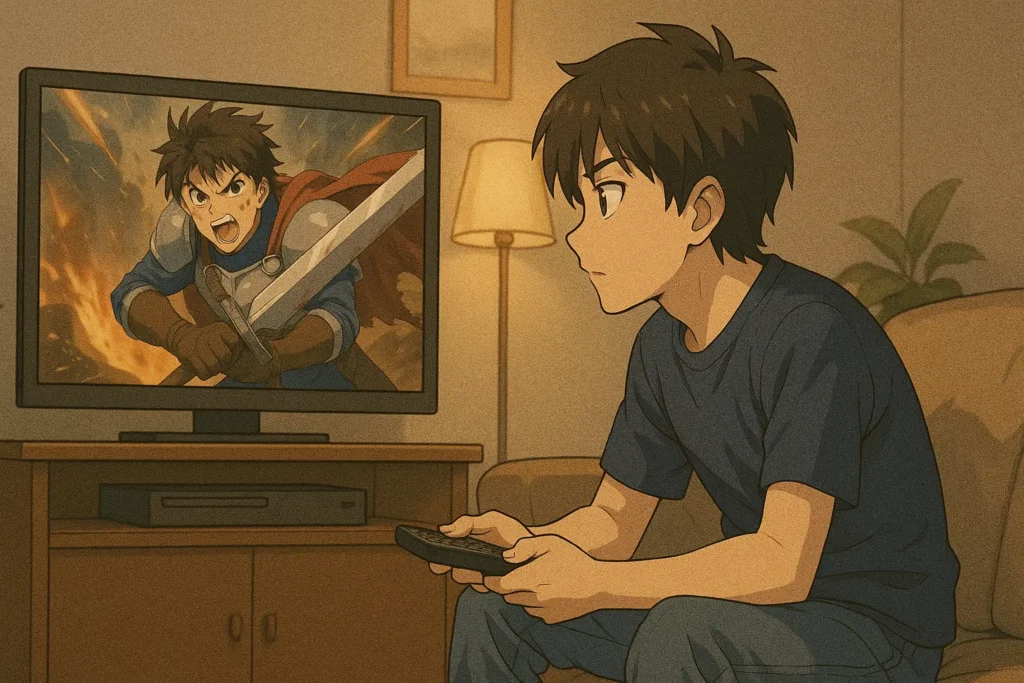 Anime tarzında çizilmiş, televizyon ekranında aksiyon sahnesi izleyen genç bir erkeğin illüstrasyonu.