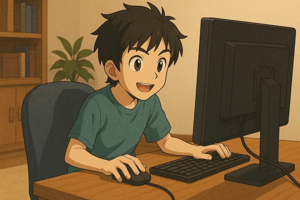 Anime tarzında çizilmiş, bilgisayar başında oyun oynayan bir çocuğun 16:9 oranındaki illüstrasyonu.