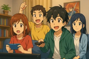 Anime karakterlerinden oluşan dört kişilik bir arkadaş grubu, evde video oyunu oynarken neşeyle zaman geçiriyor.