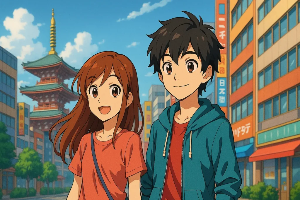 Anime tarzında çizilmiş genç bir kız ve erkek, Japonya sokaklarında yürürken gülümsüyor. Arka planda geleneksel bir Japon tapınağı ve modern binalar yer alıyor.