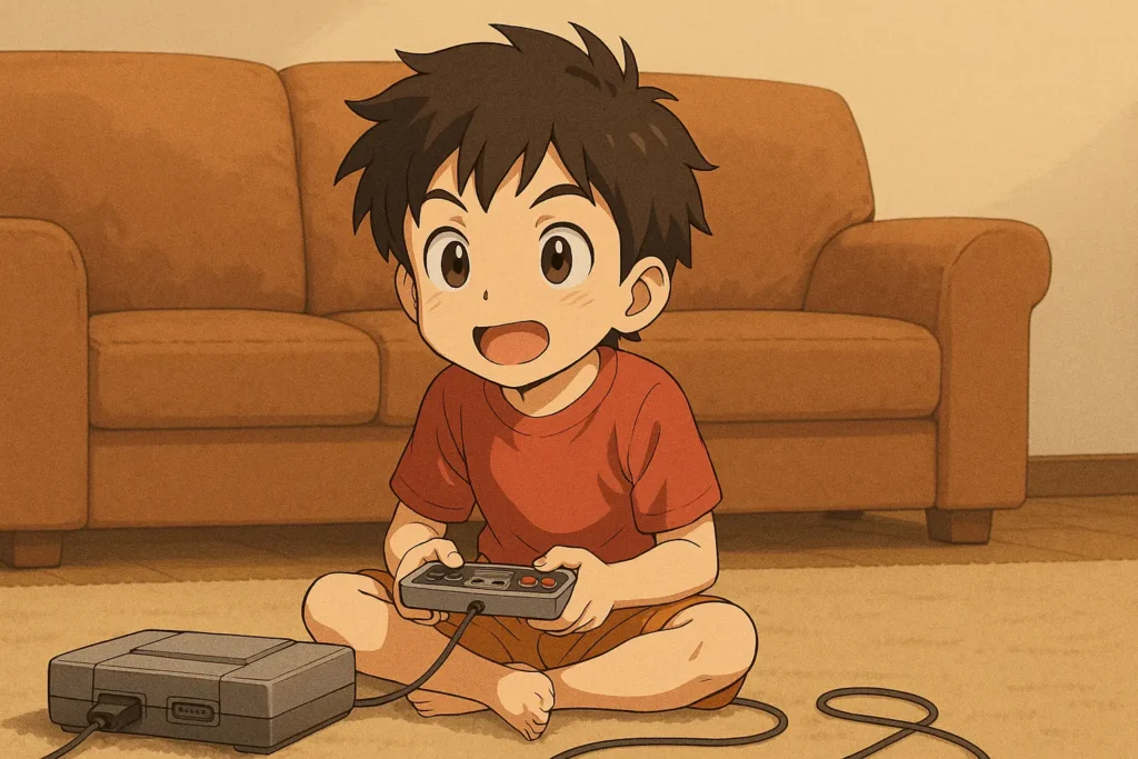 Anime stiliyle çizilmiş, kırmızı tişörtlü ve turuncu şortlu küçük bir çocuğun eski tip bir oyun konsolu ile oyun oynarken oturma odasında yerde oturmuş hali.