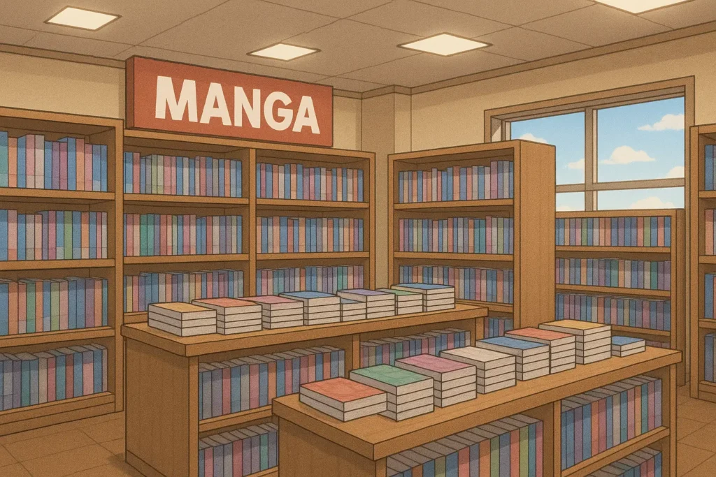 Bir manga dükkanının içi, raflarda düzenli şekilde sıralanmış rengarenk manga kitaplarıyla dolu.