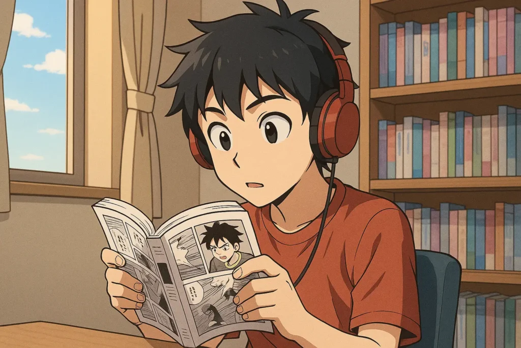 Kulaklık takmış genç bir erkek anime karakteri, odasında dikkatle manga okuyor. Arka planda kitaplık ve pencere görünüyor.