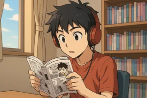 Kulaklık takmış genç bir erkek anime karakteri, odasında dikkatle manga okuyor. Arka planda kitaplık ve pencere görünüyor.