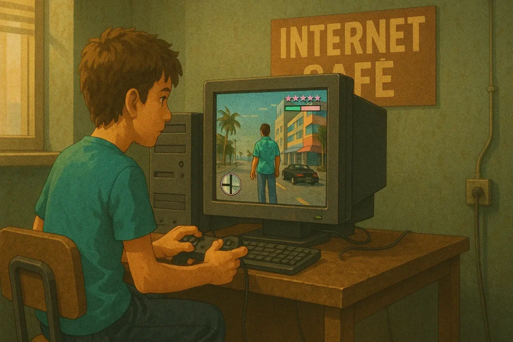 İnternet kafede, eski bir masaüstü bilgisayarda GTA tarzı bir oyun oynayan genç çocuk; 2000'lerin başlarına ait oyun kültürünü yansıtan nostaljik sahne.